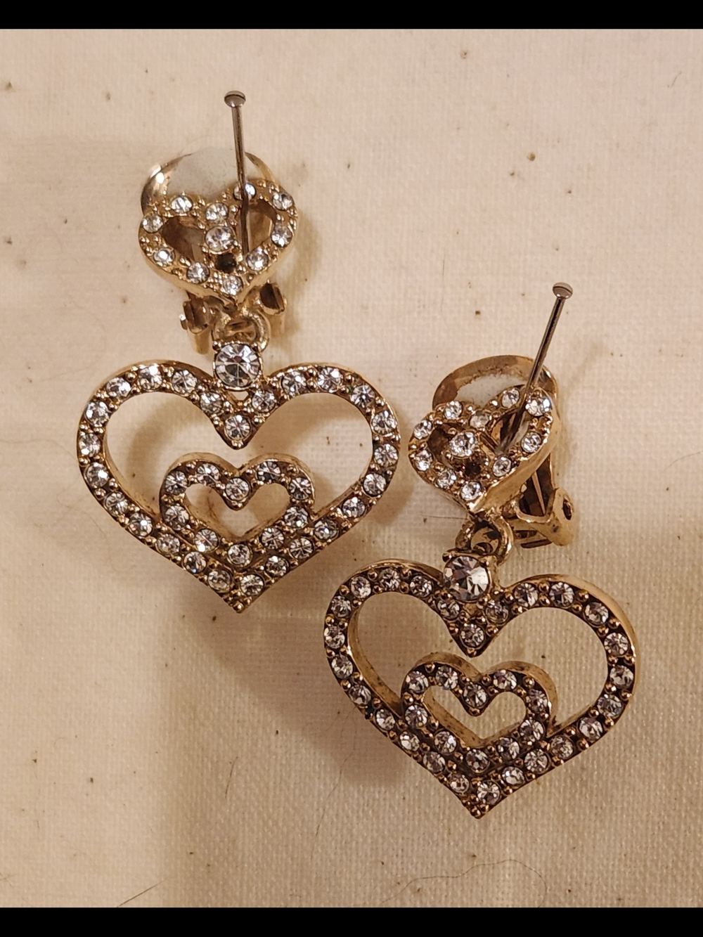 Nolan Miller Gold Tone Crystal Double Heart Drop Earrings - Unbranded
